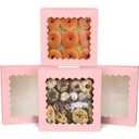 qiqee Auto-pop up Pink Pie Boxes with Window 10x10x2.5 inch 30Packs Cookie Donut Bakery Box