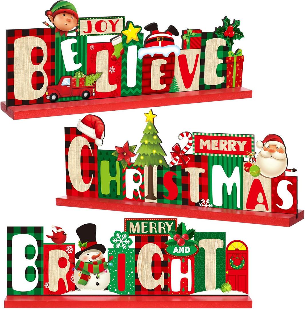 3 Pack Christmas Table Decorations Signs Santa Claus Table Ornaments Snowman Wooden Tabletop Party Decorations Joy Believe Merry Christmas Centerpiece for Winter Birthday Dinner Party Supplies