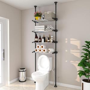 4-Tier Over The Toilet Storage Shelf, 4.5-9.5 FT Adjustable Bathroom Organizer, Heavy Duty Metal Shelves Above Behind Toilet Laundry, Space-Saving Shelving for Small Rooms, No Drill Tenant Friendly (Black)