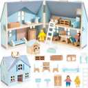 WOODMAM Foldable Wooden Dollhouse with 2 Dolls & Pet Set, 20PCS Furniture Wooden Doll House for Girls Age 3-6, Portable Pretend Play Toy, Christmas Birthday Gift for Toddlers