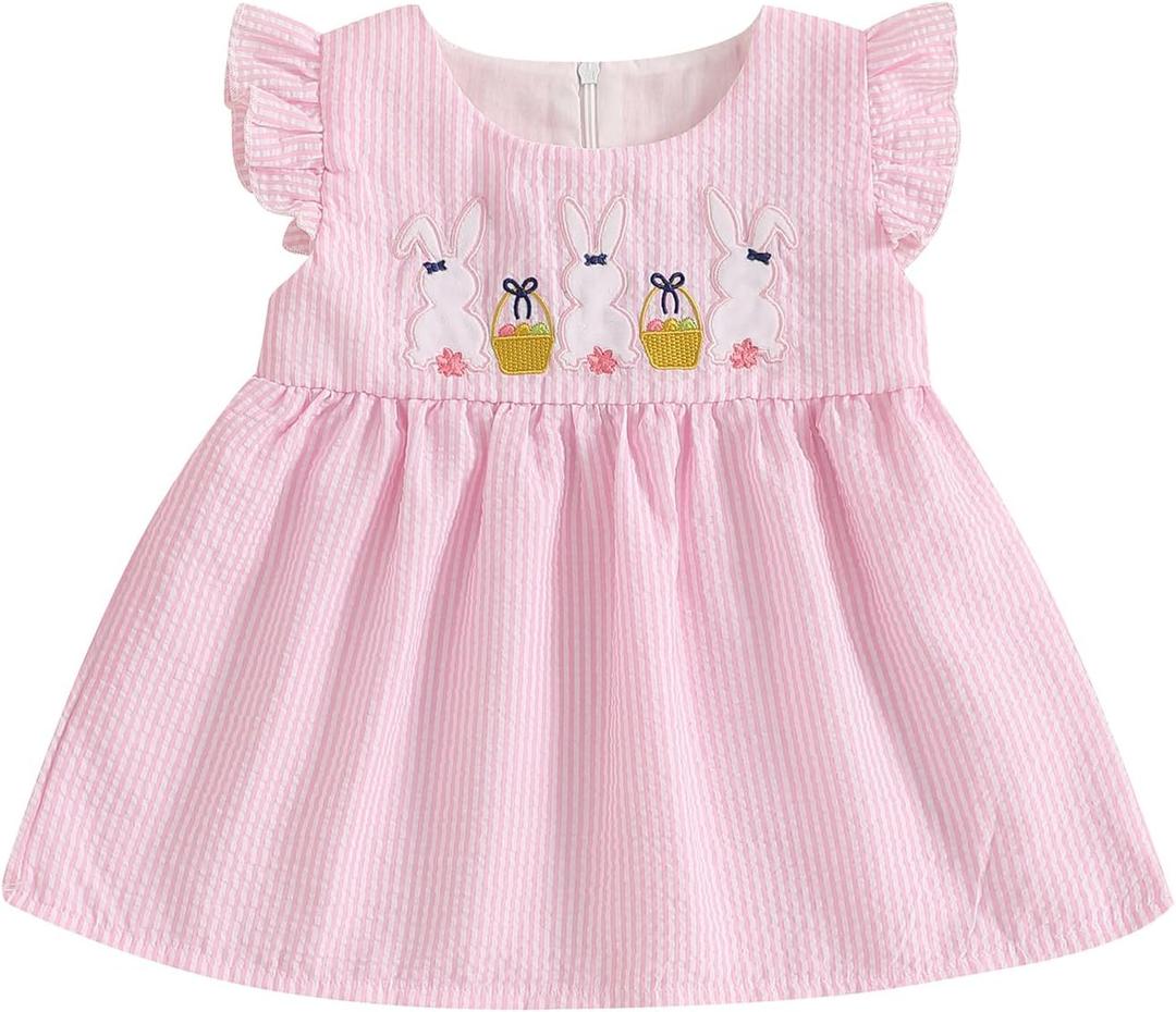 4th of July Baby Girl Outfit Letter Bow Smocked Dress Fly Sleeve A-Line Princess Dress Cute Independence Day Clothes (Pink), Size 80
