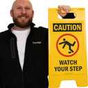 SmartSign Folding Floor Sign, Legend "Caution Watch Your Step" with Graphic, 25" high x 12" wide, Black/Red on Yellow
