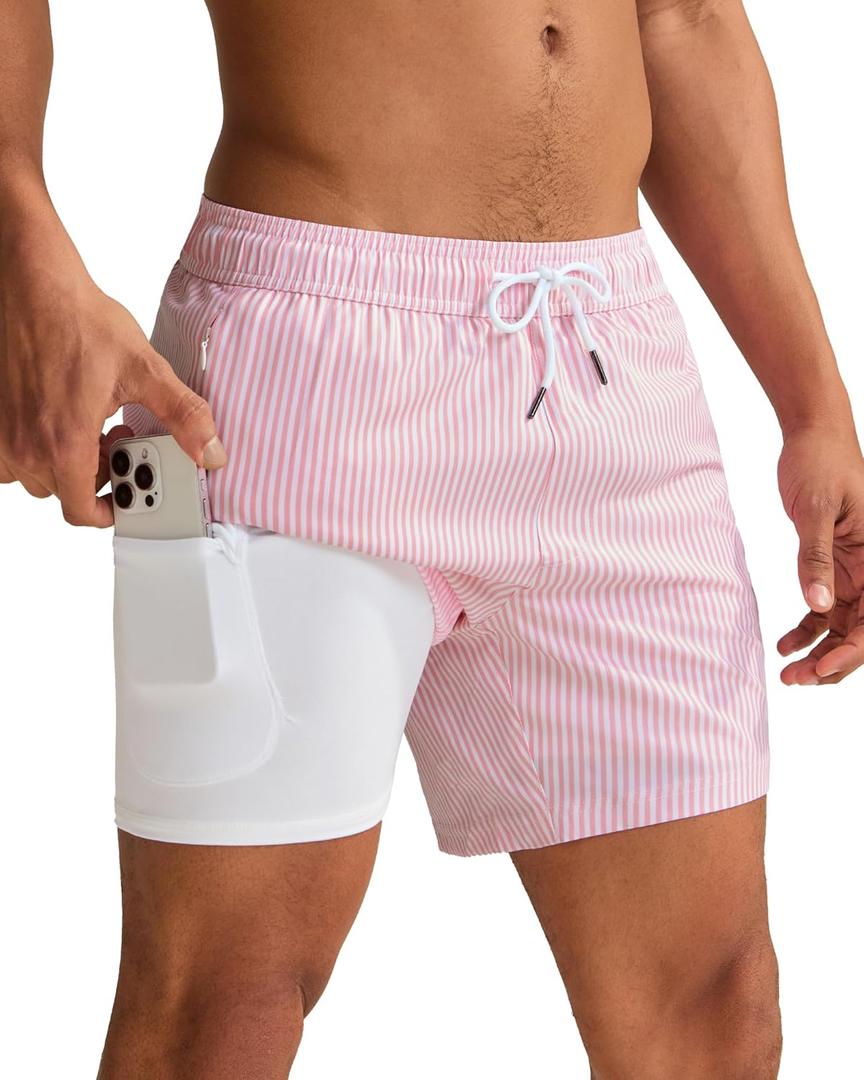 maamgic Mens Swim Trunks with Compression Liner 5 Inch, Quick Dry Bathing Suit with Zipper Pockets, No-Chafing Swim Shorts, L