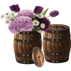 Wood Wine Barrel Vase 2 Pcs 8" x 6.5" Vintage Flower Vase Container Rustic Barrel Planter for Wedding Reception, Table Decoration, Home Indoor/Outdoor Garden, Kitchen, Party