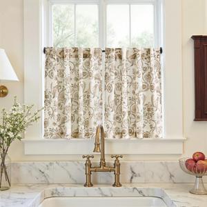jinchan Small Window Curtains 30 Inch Linen Floral Curtain Set for Kitchen Bathroom Cafe Curtains Light Filtering Window Treatment Farmhouse Cottagecore Back Tab Drapes 2 Panels Taupe on Beige