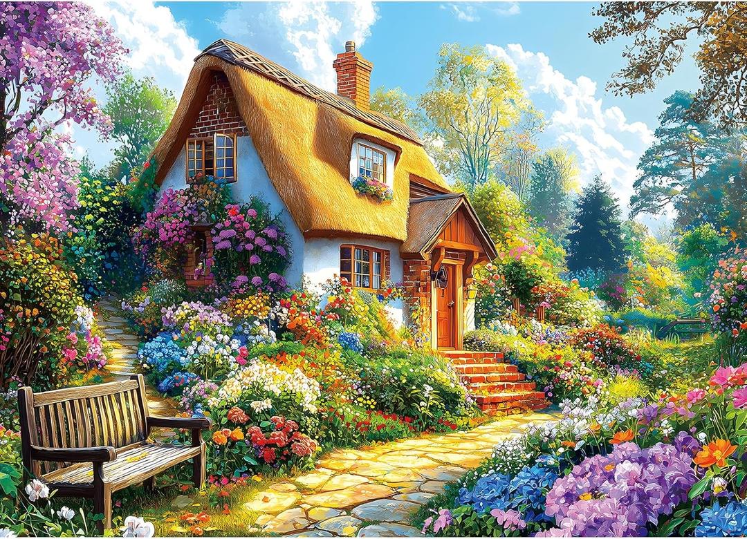 Cottage Garden 1000 Piece Jigsaw Puzzles for Adults, Colorful Floral Landscape with Thatched Roof House, Puzzles with Letters on Back for Easy Sorting, Hard Unique Puzzle Games for Adults Game Night