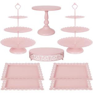 Fivenl 8 Pcs Cake Stand Pink Metal Dessert Table Display Set, 3-Tier Cupcake Stand, Cake Display Tower and Cookie Tray Rack Serving Tray for Birthday Party, Weddings, Baby Shower (Pink)