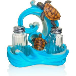 Farmhouse Kitchen DCor Salt And Pepper Shakers Set - Salt And Pepper Dispenser with Resin Ocean Sea Turtle Figurine And Statues Holder - Elegant Glass Spice Jars