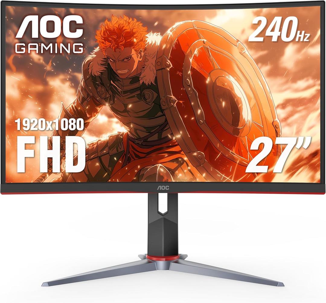 AOC C27G2Z 27" Curved Frameless Ultra-Fast Gaming Monitor, FHD 1080p, 0.5ms 240Hz, FreeSync, 2x HDMI 2.0, 1x Display Port, Height Adjustable, Xbox PS5 Switch Ready, 3-Year Zero-Bright-Dot