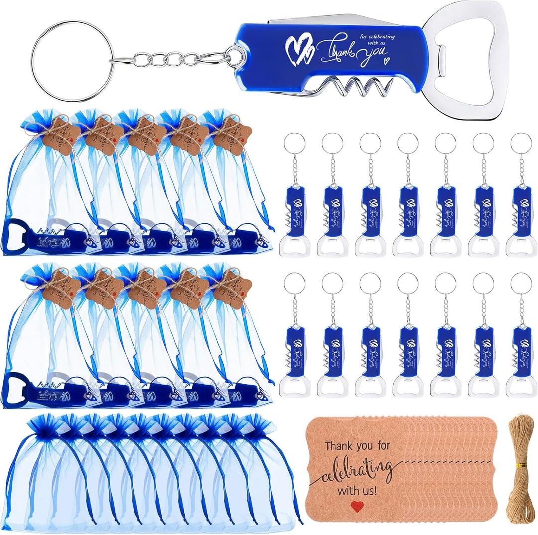Vesici 24 Set Wedding Favors for Guests Bottle Openers Keychains Bulk Wine Beer Bottle Opener Keychain Thank You Cards with Organza Gift Bags for Bar Party Wedding Graduation Souvenirs (Blue)