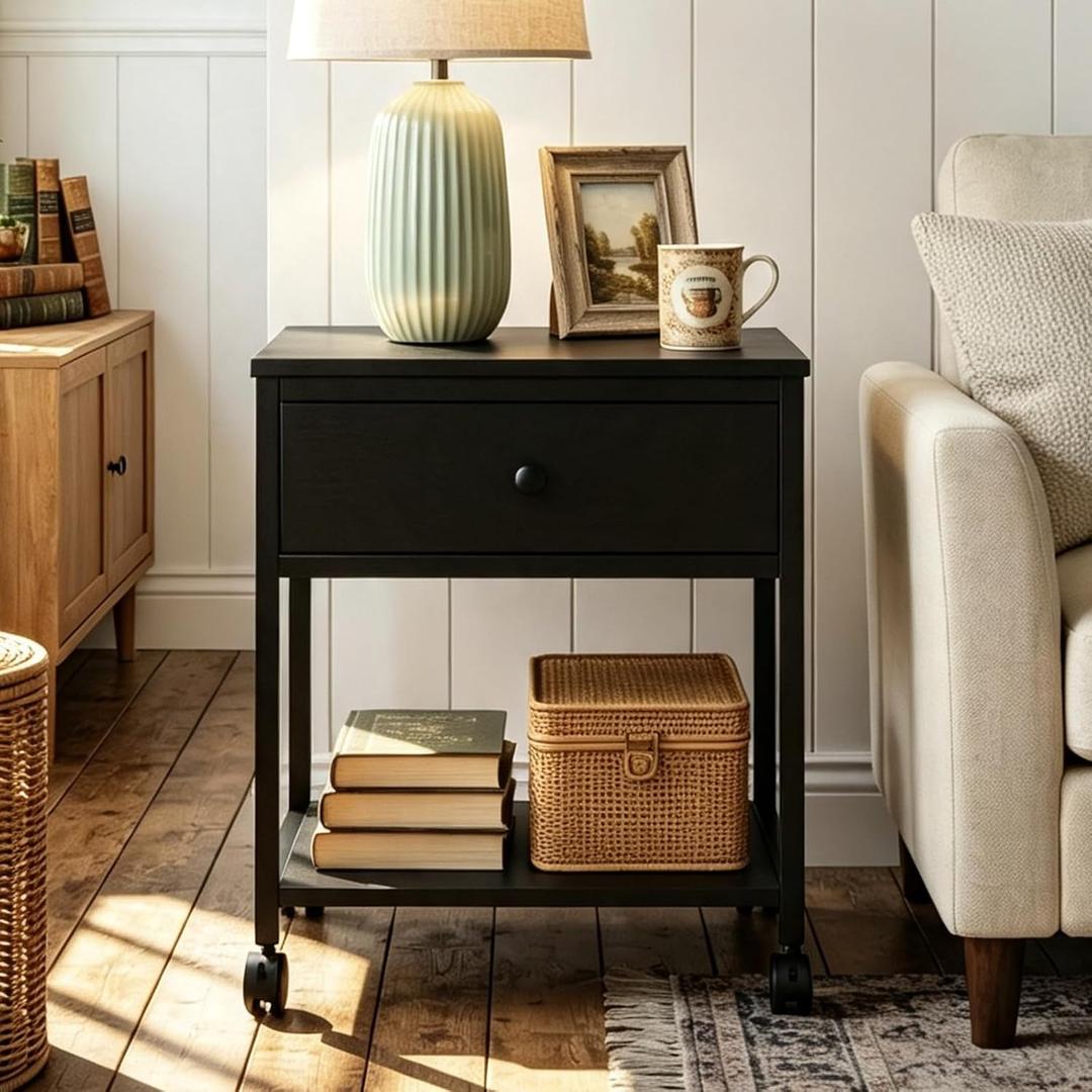 Rolling Nightstand Printer Stand Table with One Drawer & Shelf & Wheels, 20"W x 16"D x 23"H
