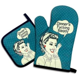 Dinner's Fxxking Ready,Funny Oven Mitts and Pot Holders,Silicone Non-Slip Oven Mitts,Kitchen Gift for Women,Housewarming Gift Ideas,Cooking Baking BBQ Gifts, Pack of 2