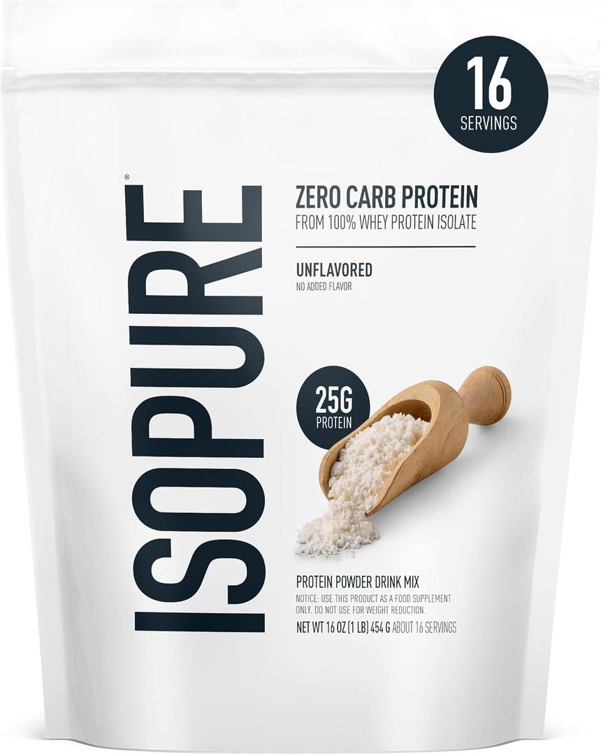 Isopure Zero Carb 100% Pure Whey Isolate Protein Powder, Gluten Free, with Vitamins, Unflavored, 25g Protein Per Serving, 1 Lb, 16 Servings , (EXP 12/30/27) 