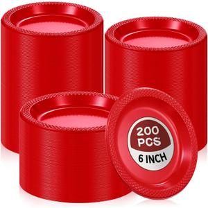 200 Pcs Red Plates Plastic 6 Inch Red Round Disposable for All Occasions Cake Plates Bulk for Special Events Wedding Birthday Travel Appetizer Party Supplies