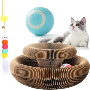 Kitty Curlz Interactive Cat Toy, Brown Accordion Kitty Curls Scratching Board with Paw Design, Bell Ball, Magnetic Collapsible Tunnel for Cats