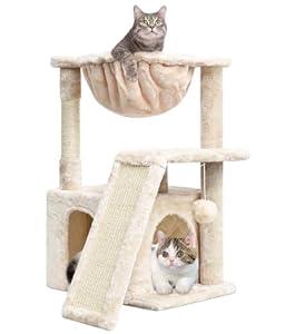 SYANDLVY Cat Tree for Indoor Cats Large Adults, Modern Activity Tower with Scratching Posts & Board, Condo with Plush Perch, Climbing Stand with Cradle & Hanging Ball for Play, Beige