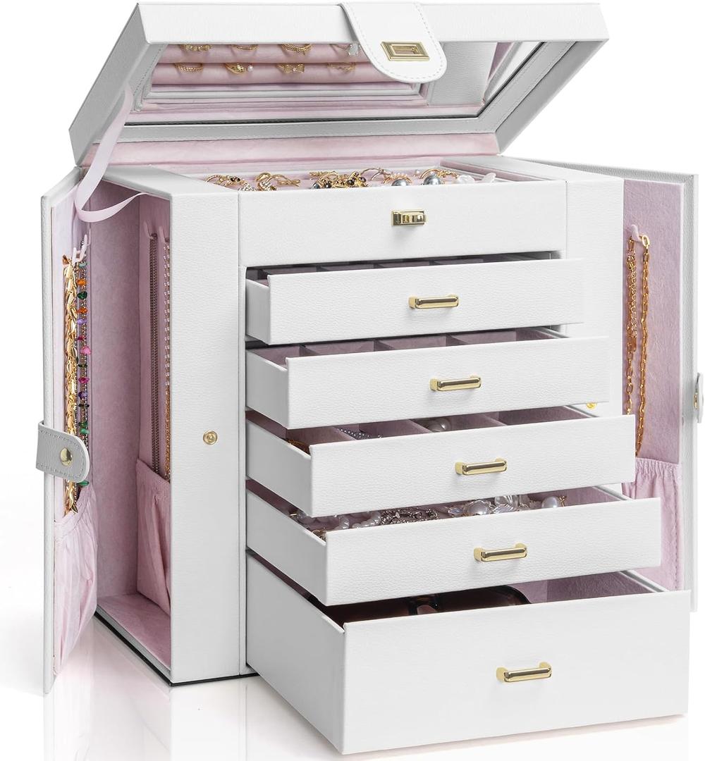  Extra Large 6-Tier Jewelry Box Organizer with Mirror, 5 Drawers Leather Jewelry Storage Case for Women Girls Ring Necklace Earring Bracelet White