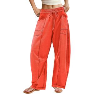 ReachMe Womens Barrel Sweatpants Baggy Wide Leg Lounge Pants Summer Travel Pants Beach Vacation Outfits (X-Small, Orange Red)