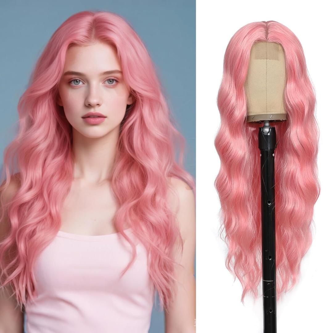 Light Pink Wig 26 Inch Long Wavy Wig for Women - Heat Resistant Synthetic Hair Middle Part Curly Wig Natural Look for Daily Party Cosplay Costume Use