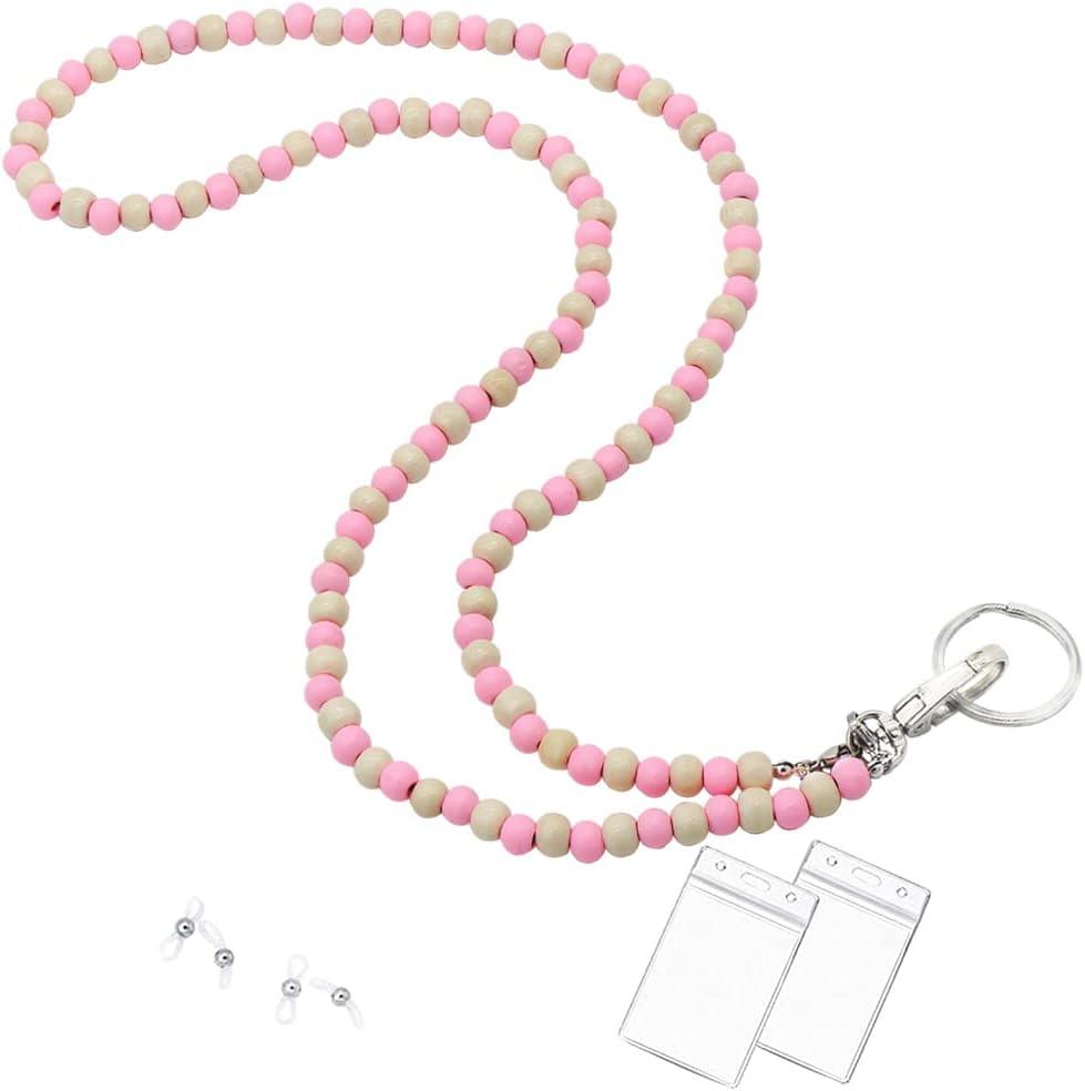 C&L Accessories Beaded Wood Lanyard with Id Holder - Lanyards for Women Keys & ID Badges (Pink/White)