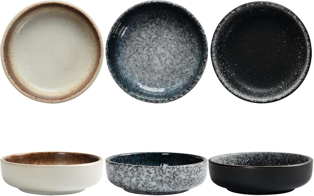 Ceramic Soy Sauce Dish set, Dipping Bowls Set of 6, Chip and Dip Bowls, Japanese Style 3 oz Round Small Dish for Dipping Sushi Tomato Soy Sauce Dish Condiment Finger Dishes (Circular)