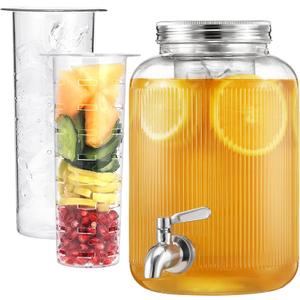 Navaris Glass Drink Dispenser with Tap - 4L (1 gal) Ripple Design Beverage Dispenser with Ice Insert & Fruit Infuser - for Cold Brew Coffee, Cocktails, Juice, Water & other Drinks