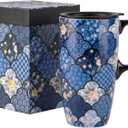 Topadornn oz Ceramic Travel Mug with Lid, Toile de Jouy Floral Coffee Mug, Blue White Botanical Latte Cup, Microwave & Dishwasher Safe