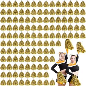 Leyndo 150 Pcs Pompoms Cheerleading Bulk Gold Metallic Foil Pom Poms with Baton Handle Cheerleader Pompoms for Sports Game Squads Dancing Party Football Basketball