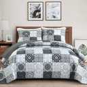 Dobuyly Grey Black Quilt Set Queen Size, Boho Plaid Patchwork Bedspreads Coverlet Set, 3 Pieces Soft Lightweight Microfiber Farmhouse Quilt Bedding Set for All Seasons 96"x90"