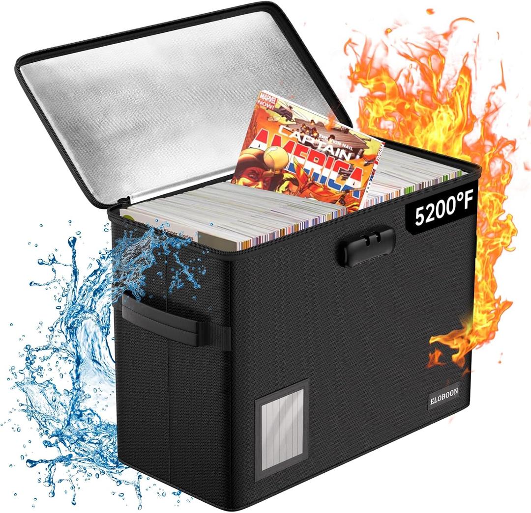 5200 Fireproof Book Storage for 150-175 Comics, Water-Resistant & Moistureproof Stackable Box With Label Window and Lock, Sturdy Short Case With Fire Zipper, Black