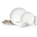 Famiware Eden Plates and Bowls Sets, Stoneware Dinnerware Sets with Gold Trim, 24 Pieces Dishes Set for 8 - Chip and Scratch Resistant, Microwave and Dishwasher Safe, White Stripe