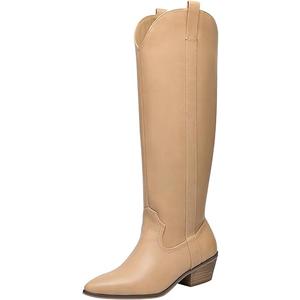 festooning Women's Knee High Boots Pointed Toe Inner Zipper Western Cowboy Boots Pull On Chunky Heel Wide Calf Tall Boots for Ladies Size 9.5