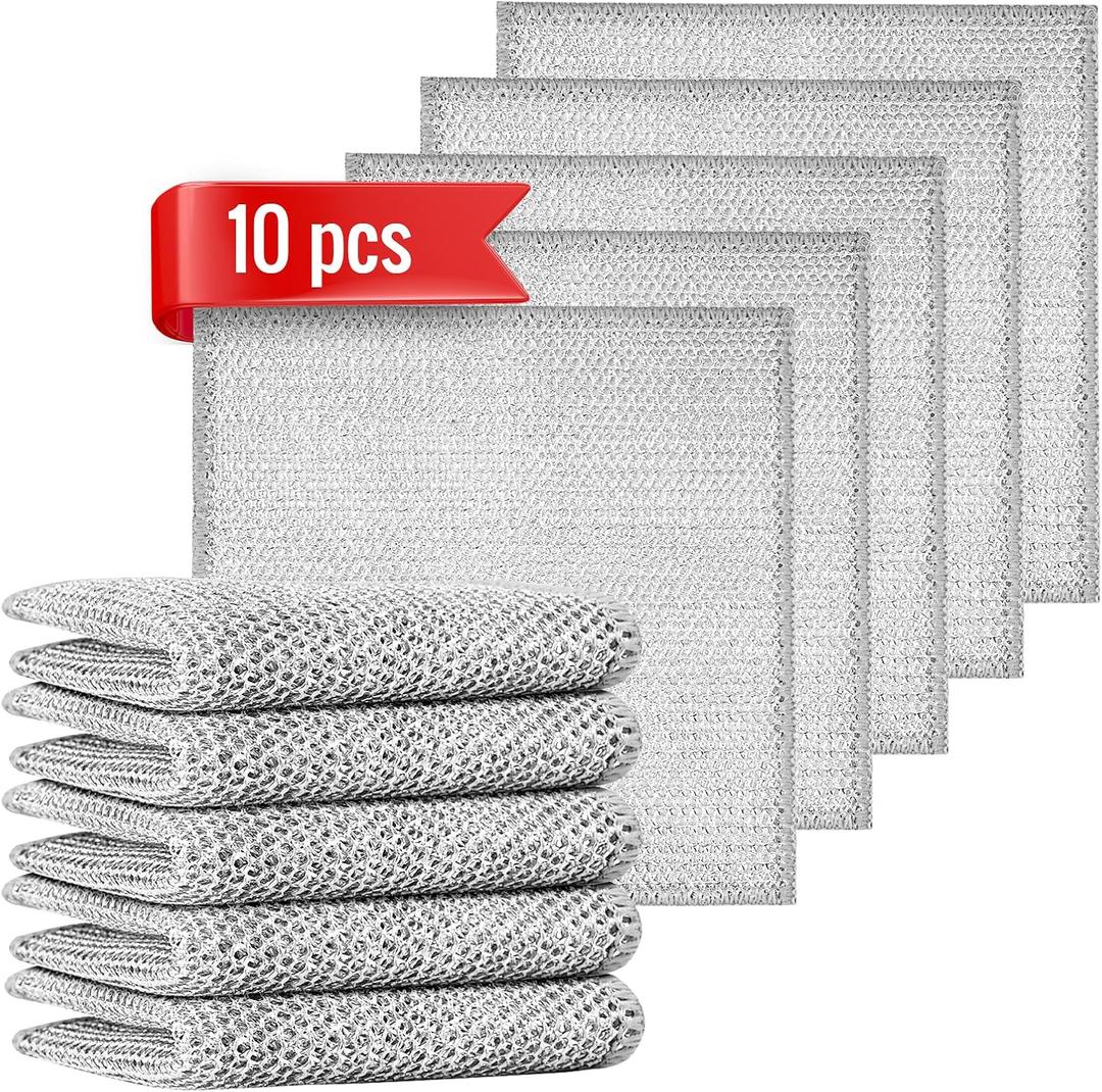 2 x 10pcs Double Layer Multifunctional Non-Scratch Wire Dishcloth, Multipurpose Wire Dishwashing Rags, Silver, Nylon/Polyester
