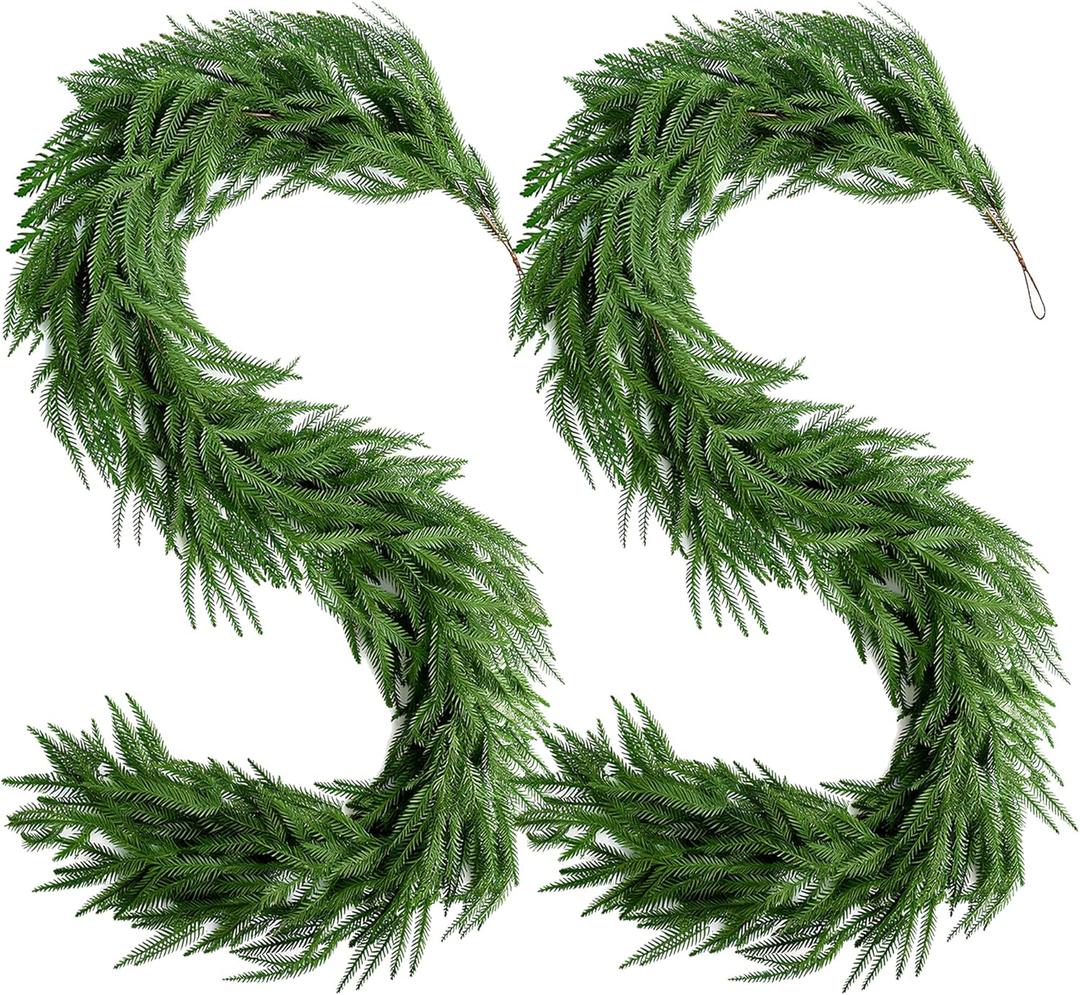 2 Pcs Christmas Norfolk Pine Garlands, 6FT Artificial Real Touch Dense Winter Greenery Garlands, Bendable Faux Vines for Fireplace Mantle, Table Runner, Front Door, Indoor Outdoor Xmas Holiday Decor