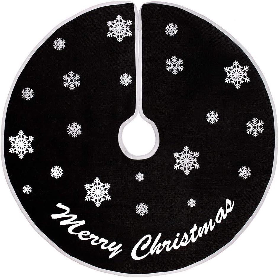 HOHOTIME Burlap Christmas Tree Skirt, 30 Inch Black Tree Skirt with White Snowflakes and Merry Christmas Words, for Xmas Holiday Home Decoration