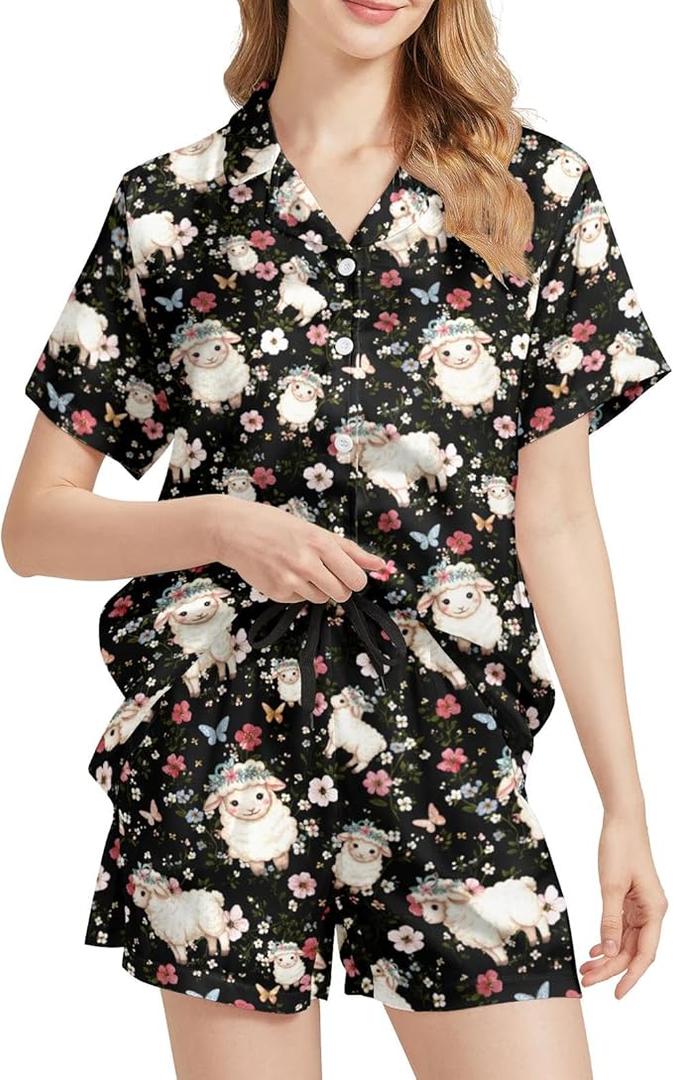 Silk Satin Pajama Set for Women Summer Lounge Pjs Sets 2 Piece Suit Ladies Button Down Tops And Shorts Sleepwear Large