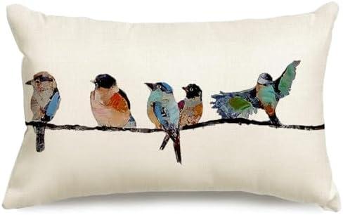 RABUSOFA 12x20 Lumbar Pillow Decorative Throw Pillows,Small Hand-Painted Outdoor Birds Pillowcases,Spring Summer Pillows Decorative Throw Cushion Covers Linen for Couch Sofa Teal Blue, 2 Pack