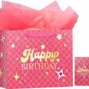 4 x MotiGiftie 13" Pink Happy Birthday Gift Bag with Tissue Paper and Greeting Card for Party, Happy Birthday Gift Bag for Men Women, Hot Stamping Gift Bags