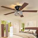 56 Inch Low Profile Chandelier Ceiling Fan with Light, Crystal Ceiling Fan with Lights, 6-Speeds, Quiet Reversible DC Motor, Black Flush Mount Ceiling Fans with Remote for Bedroom, Living Room