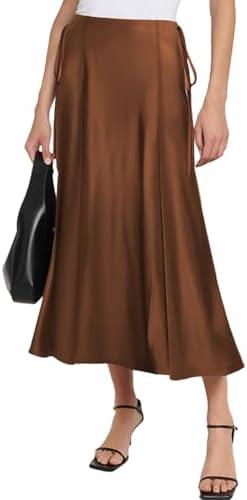 SEBOWEL Women Satin Maxi Long Skirt Silk Side Tie A Line Swing Midi Skirt Silky Flowy Ruffle Pleated Cocktail Party Skirts Size Medium