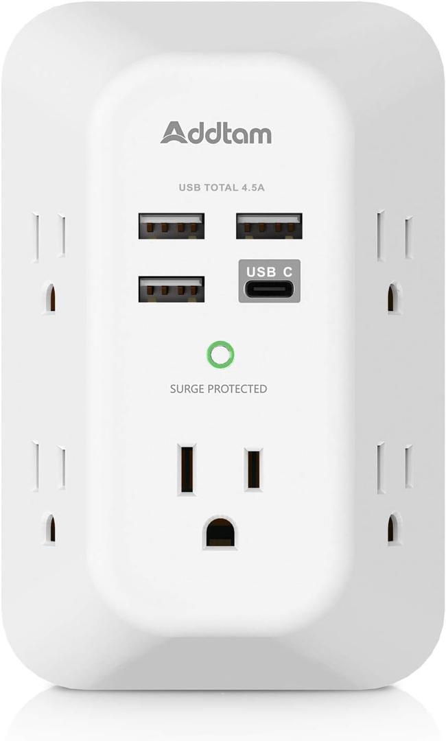 Addtam USB Wall Charger Surge Protector 5 Outlet Extender with 4 USB Charging Ports (1 USB C Outlet) 3 Sided 1800J Power Strip Multi Plug Outlets Wall Adapter Spaced for Home Travel Office ETL Listed (White)