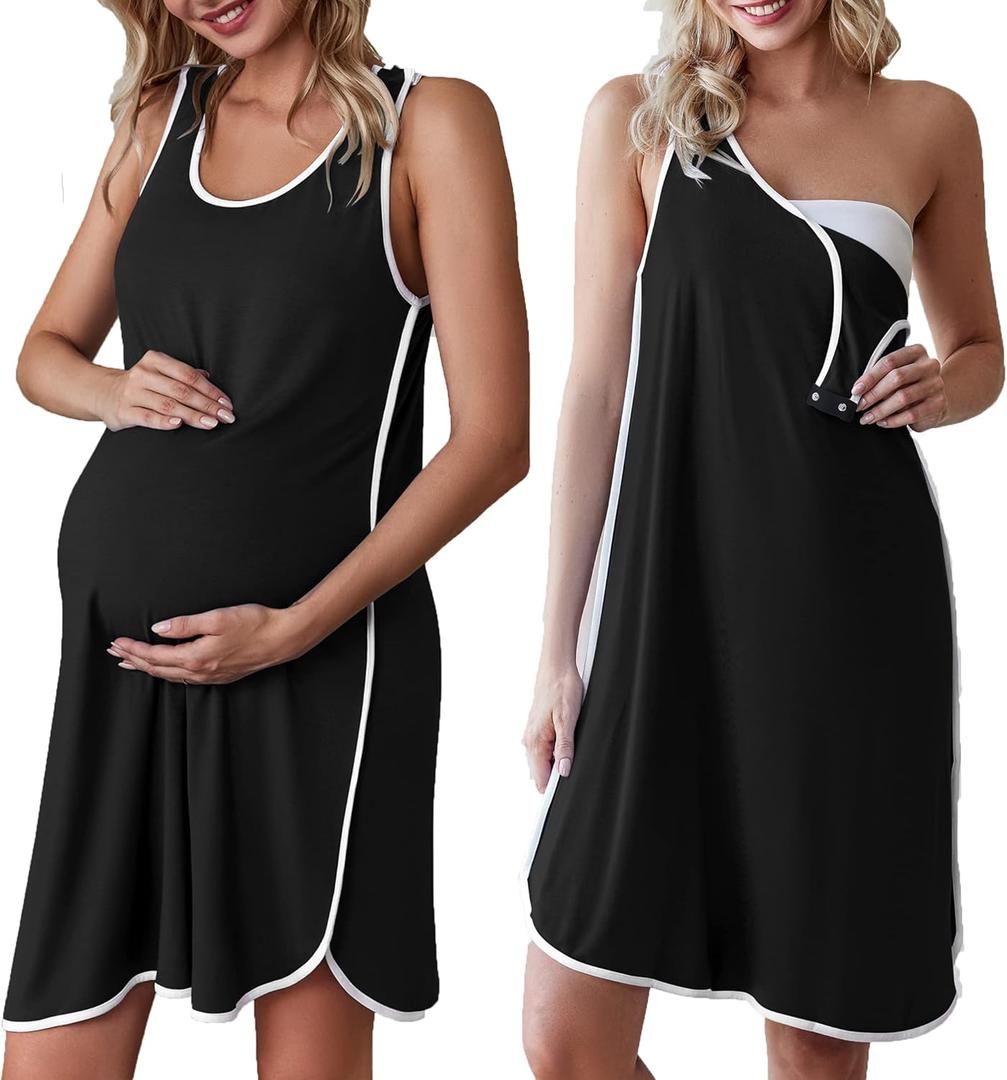 Ekouaer Labor and Delivery Gown for Hospital 3 in 1 Nursing Dress Sleeveless Maternity Snap Button Breastfeeding Nightgown (Large, Black)