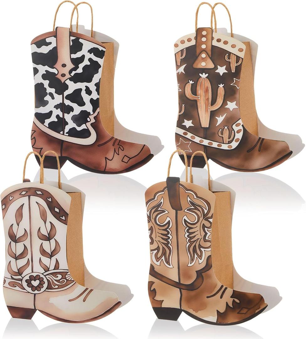 Tioncy 24 Pcs Cowboy Cowgirl Boots Paper Bags Western Theme Party Decorations Wild West Kraft Gift Bags with Handle Rodeo Boot Goodie Bag for Bachelorette Last Rodeo (Assorted Style,Brown)