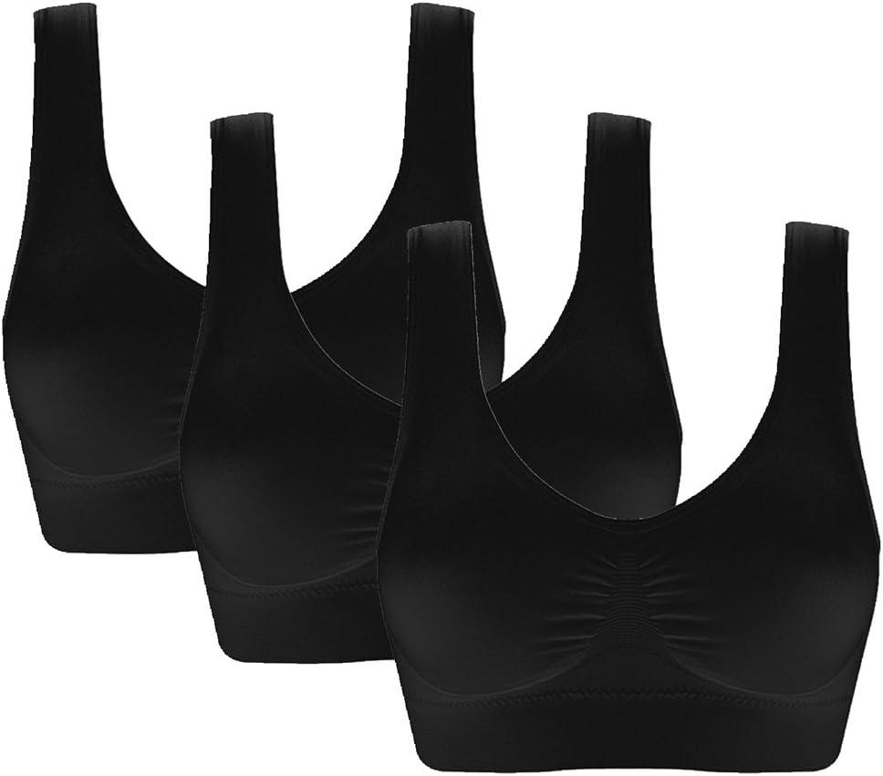 Vermilion Bird Women's 3 Pack Seamless Comfortable Sports Bra with Removable Pads (X-Large, Black)