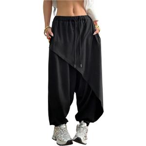 RoseSeek Women's Hippie Baggy Harem Pants Drawstring Waist Drop Crotch Trousers Asymmetrical Wrap Streetwear, XXL