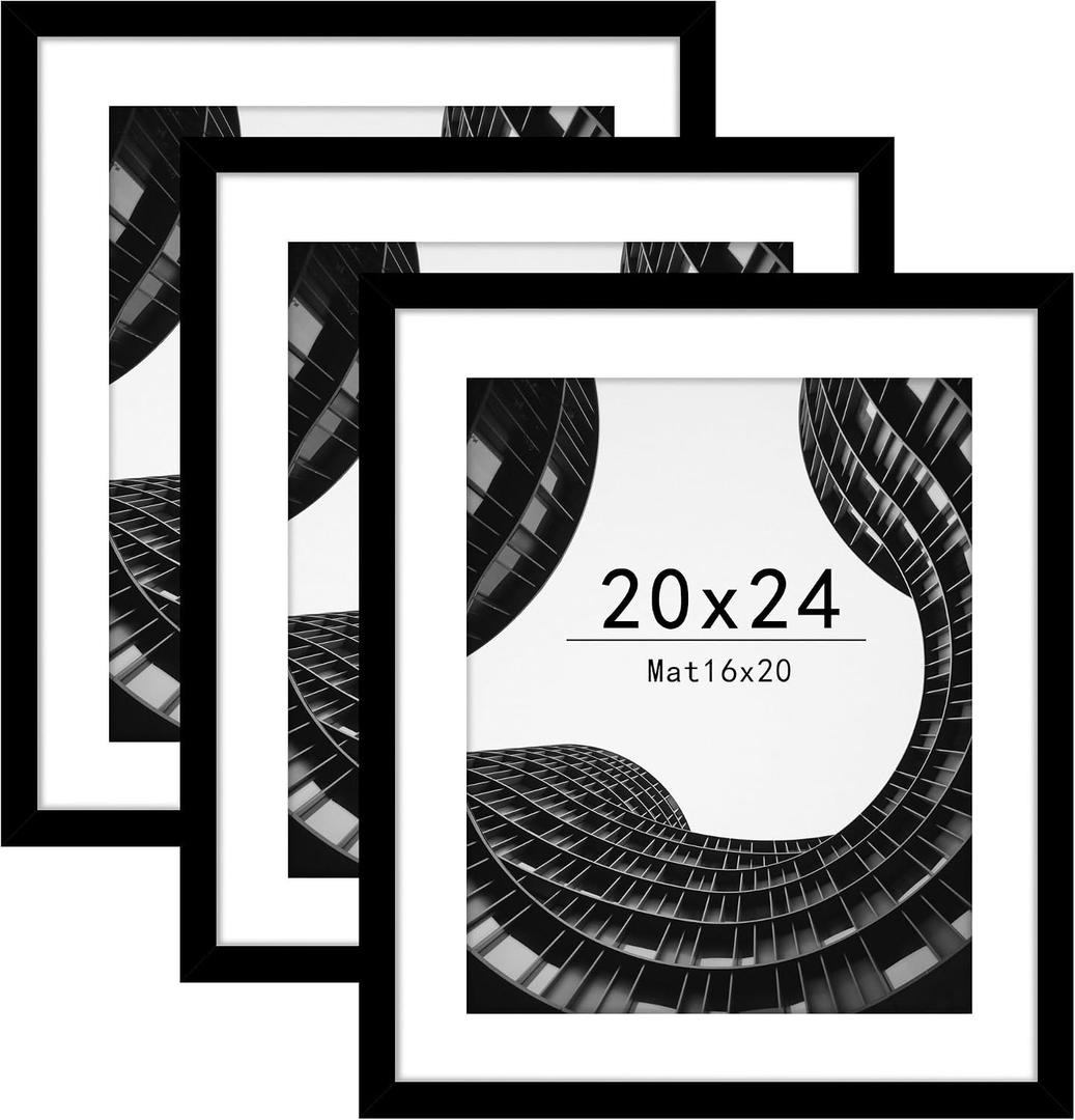 Abtgt 20x24 Picture Frame Set of 3, Display Pictures 16x20 with Mat or 20x24 without Mat, Poster Frame for Wall Mounting Display, Black