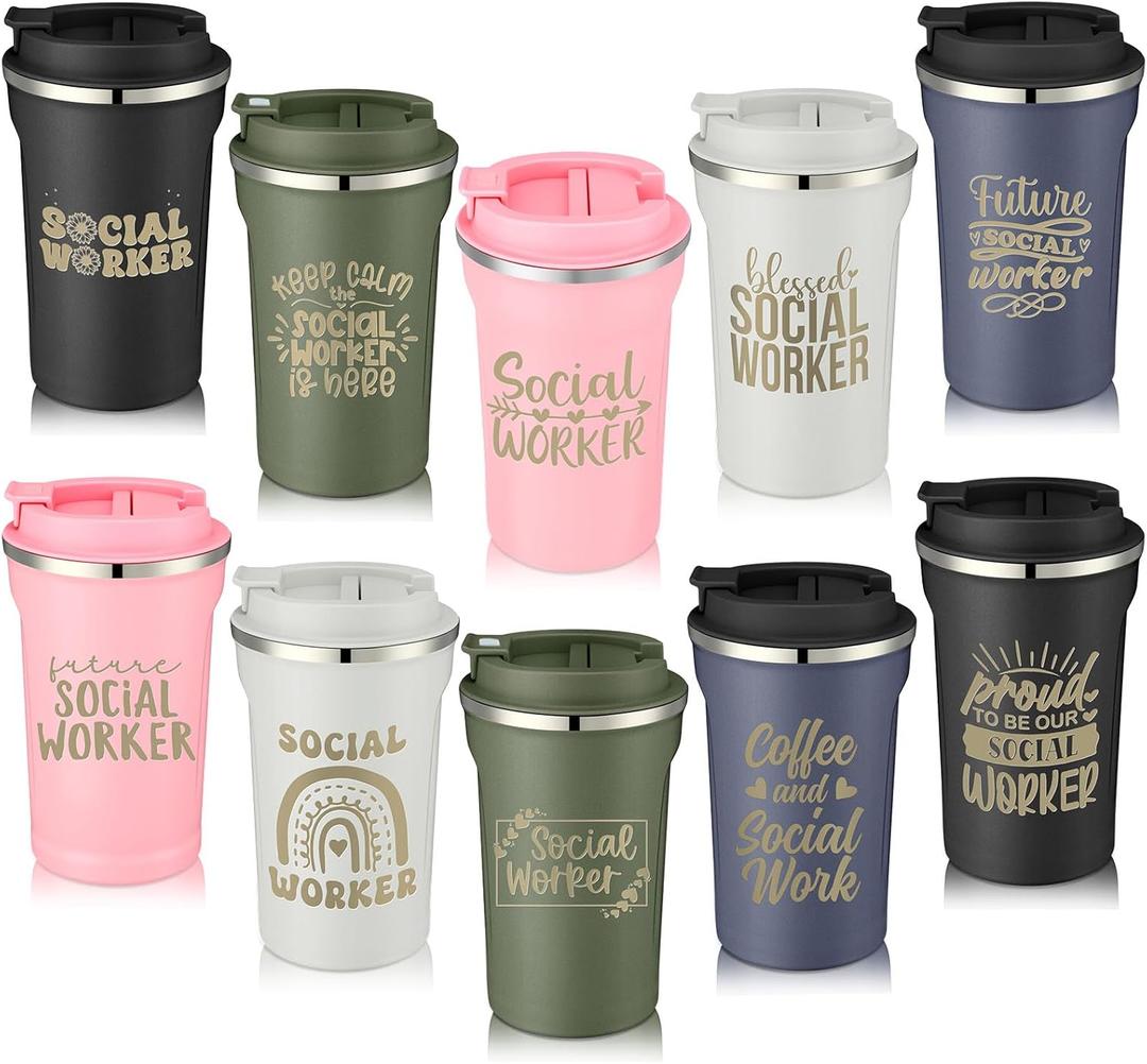 Honeydak 10 Pcs Social Worker Gifts Employees Appreciation Gifts Bulk 12oz Stainless Steel Social Worker Coffee Mugs Insulated Coffee Cups with Lids for Women Men Volunteers Employees(Fresh Style)