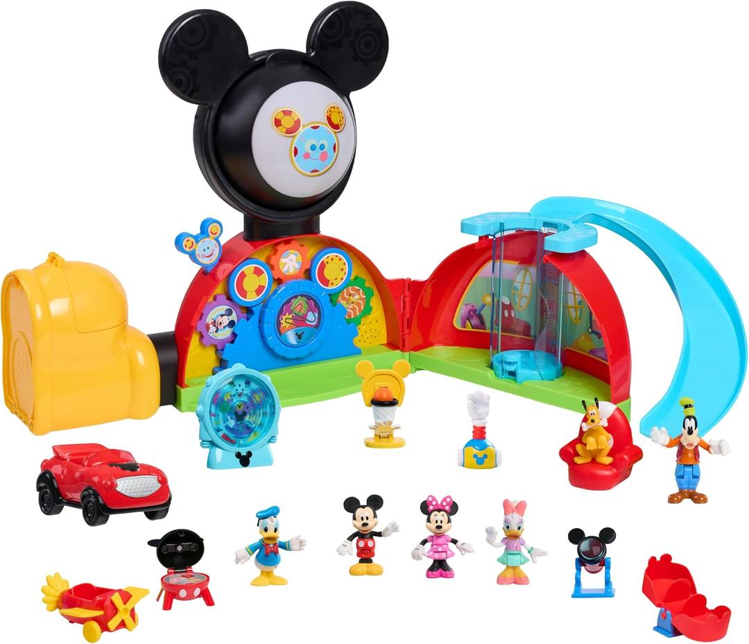 Disney Jr. Mickey Mouse Clubhouse Deluxe 28-inch Playset with 2 Exclusive Bonus Figures and Lights & Sounds, 18-Pieces, 3-inch Articulated Figurine Toys, Ages 3 and Up by Just Play, Large