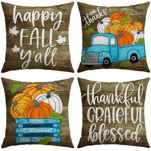 Pack of 2 Artscope Fall Decorative Throw Pillow Covers 18x18 Inch Set of 4, Happy Fall Pumpkin Truck Thankful Grateful Blessed Outdoor Farmhouse Pillow Cases for Home Sofa Couch-Blue Brown