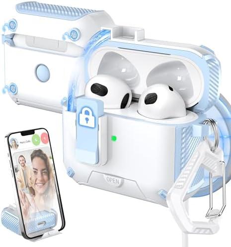 MHYALUDO for AirPods 3rd Generation Case Cover, Compatible with Magsafe, Magnetic Automatic Lock, Charging Port Dust-Proof & Stand Design with Cleaning Kit, Blue/White